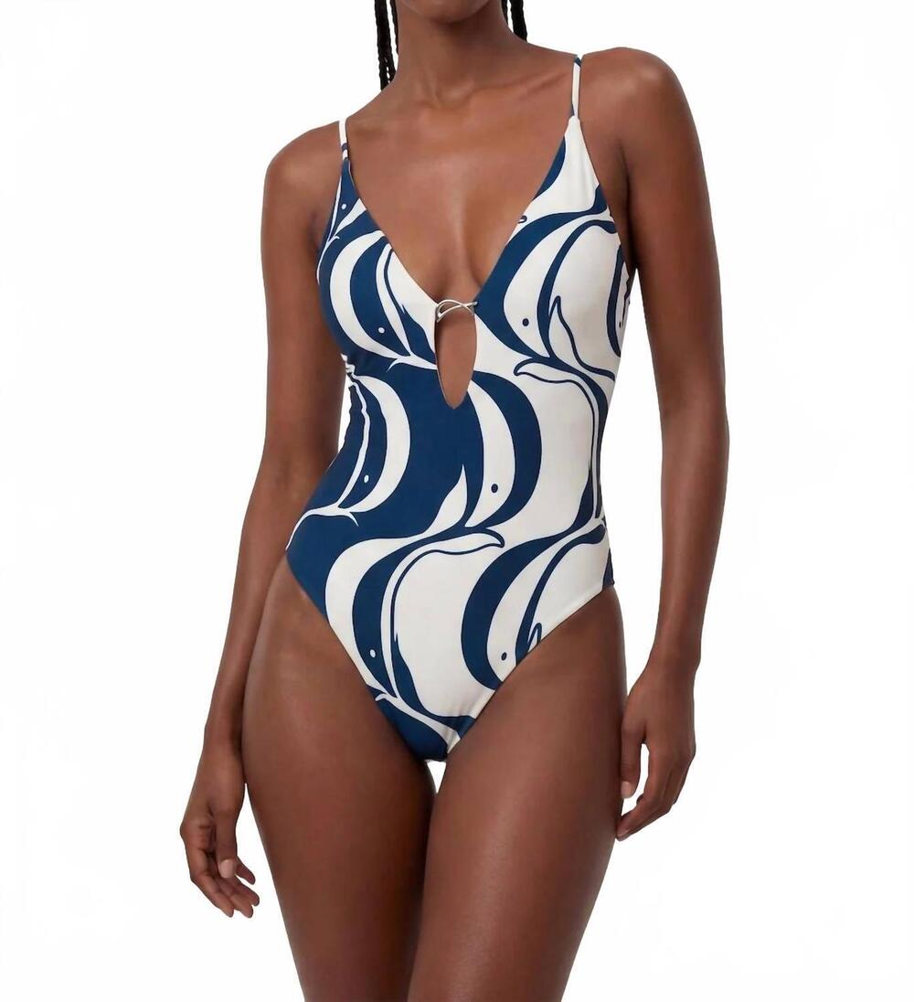 NEW FARM RIO fish metal one-piece swimsuit in white, navy, and gold